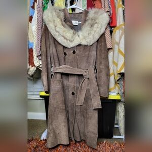 1970s Vintage Suede Western Duster Double Breasted Belted w Fur Collar sz 14 XL